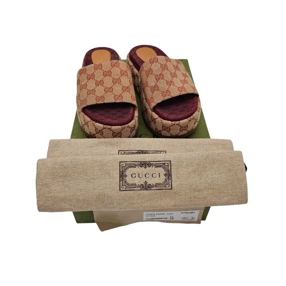 Gucci GG Monogram Angelina Platform Chunky Slide Sandal Size 37 US 7 Brown Beige
